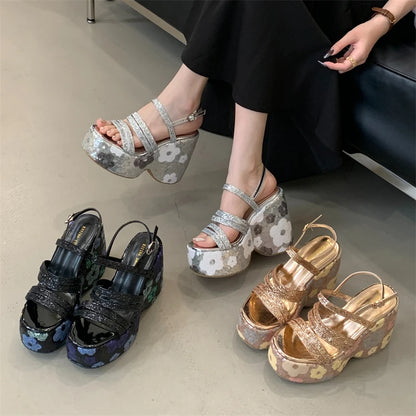 Eilyken CRYSTAL Diamonds Sequin Cloth Buckle Strap Platform Wedges Women Sandals Street Style High Heels Summer Shoes