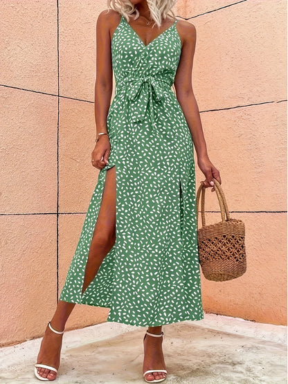 Elegant Ladies Spotted Print Split-Design Halter Dress with Waist-Cinching Feature Fashionable Women's Summer Dress