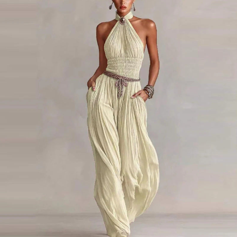 Elegant High Waist Pocket Wide Leg Playsuits Fashion Off Shoulder Halter Jumpsuits Summer New Sleeveless Hollow Out Pure Rompers