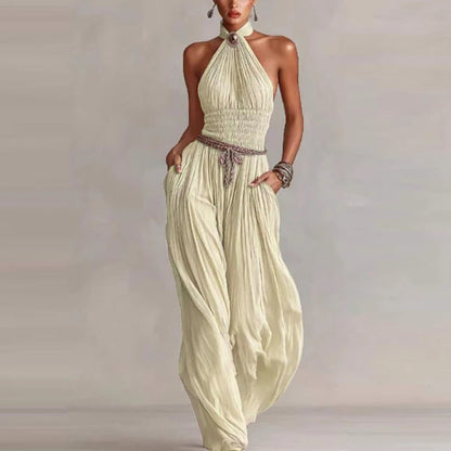 Elegant High Waist Pocket Wide Leg Playsuits Fashion Off Shoulder Halter Jumpsuits Summer New Sleeveless Hollow Out Pure Rompers