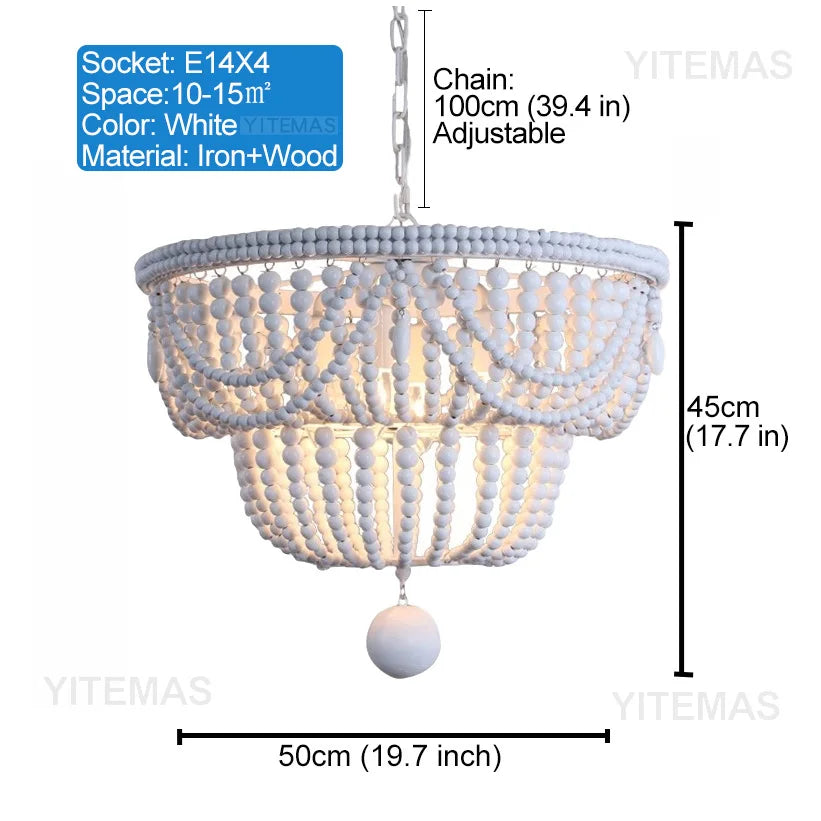 Blue Grey Wooden Beads 8 Lights Chandeliers For Foyers Vintage White Chandelier Lighting Bedroom Living Room Boho Pendant Light