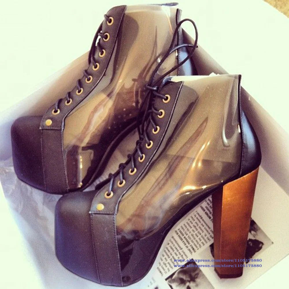 Platform Block Heel Ankle Boots Women Black Patent Leather High Heel Lace Up Booties Elegant Women's Boots Handmade Botas Mujer