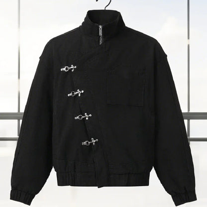 Women' S Vintage High Neck Jacket Metal Buckle Zipper Loose Coat Full Sleeve Outwears 2025 New Lady Fall Winter Streetwears