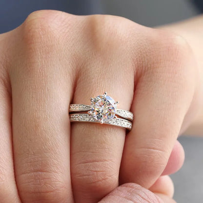 925 Sterling Silver Bright 6 Claws Cubic Zirconia Rings Set for Women Elegant Gorgeous 2Pcs/Set Wedding Band Jewelry Trendy