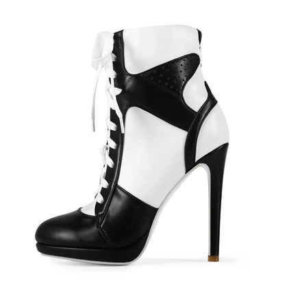 Women High Heel Black White Sports Ankle Boots Slim High Heel Lace Up High Top Sport Boots Plus Size 43