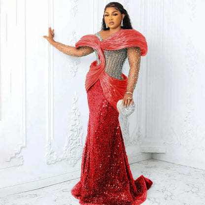 Customized Blue African Prom Dresses Plus Size 3D Pleated Off the Shoulder Evening Gowns Aso Ebi Style Wedding Reception Dress