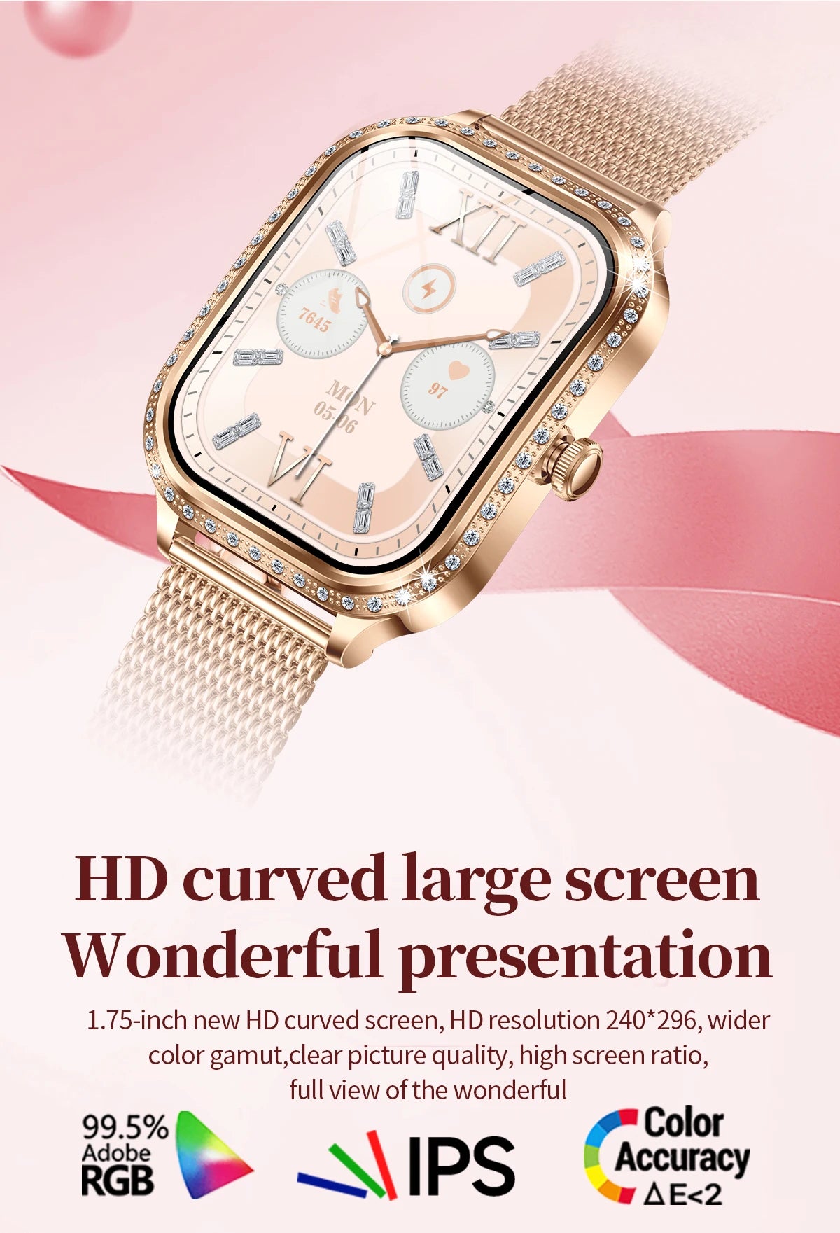New Fashion Women's Smart Watch Heart Rate 1.75 Inch 240*296 HD Screen Diamond Watch Bluetooth Call Waterproof SmartWatch Ladies