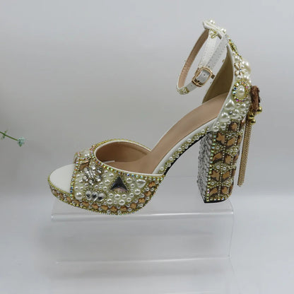Luxury cyrstal wedding shoes with matching bags woman fashion Thick heel Women party dress shoes Fish beak Women shoes
