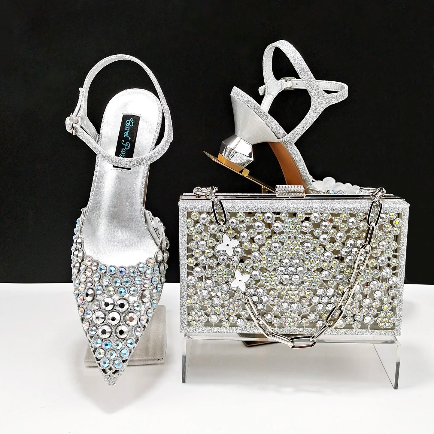 Party Style African Women's Shoes Bags Rhinestone Embellished Pointed Toe Cutout Heels Square Clutch Bag