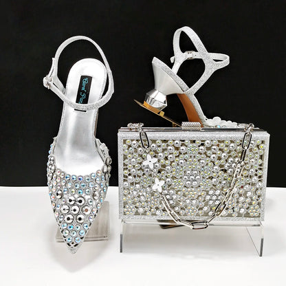 Party Style African Women's Shoes Bags Rhinestone Embellished Pointed Toe Cutout Heels Square Clutch Bag