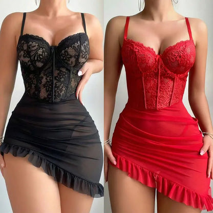 Erotic Set Transparent Underwire BraSexy Fairy Lingerie Women's See Through Lace Nightdress Pajamas Sets Delicate Sexy Nighty