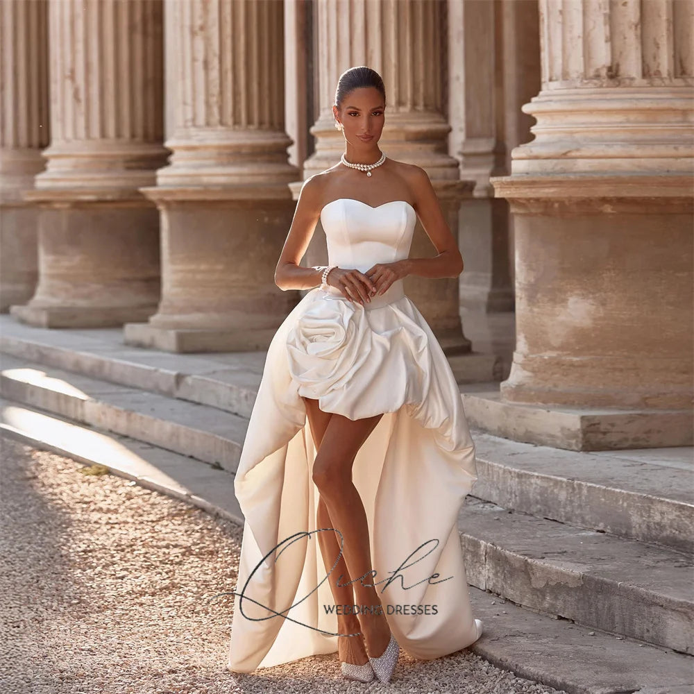 QICHE Modern High/Low Satin A-Line Wedding Dresses Women Strapless Open Back Pleat Flower Sleeveless Bridal Gowns Customized