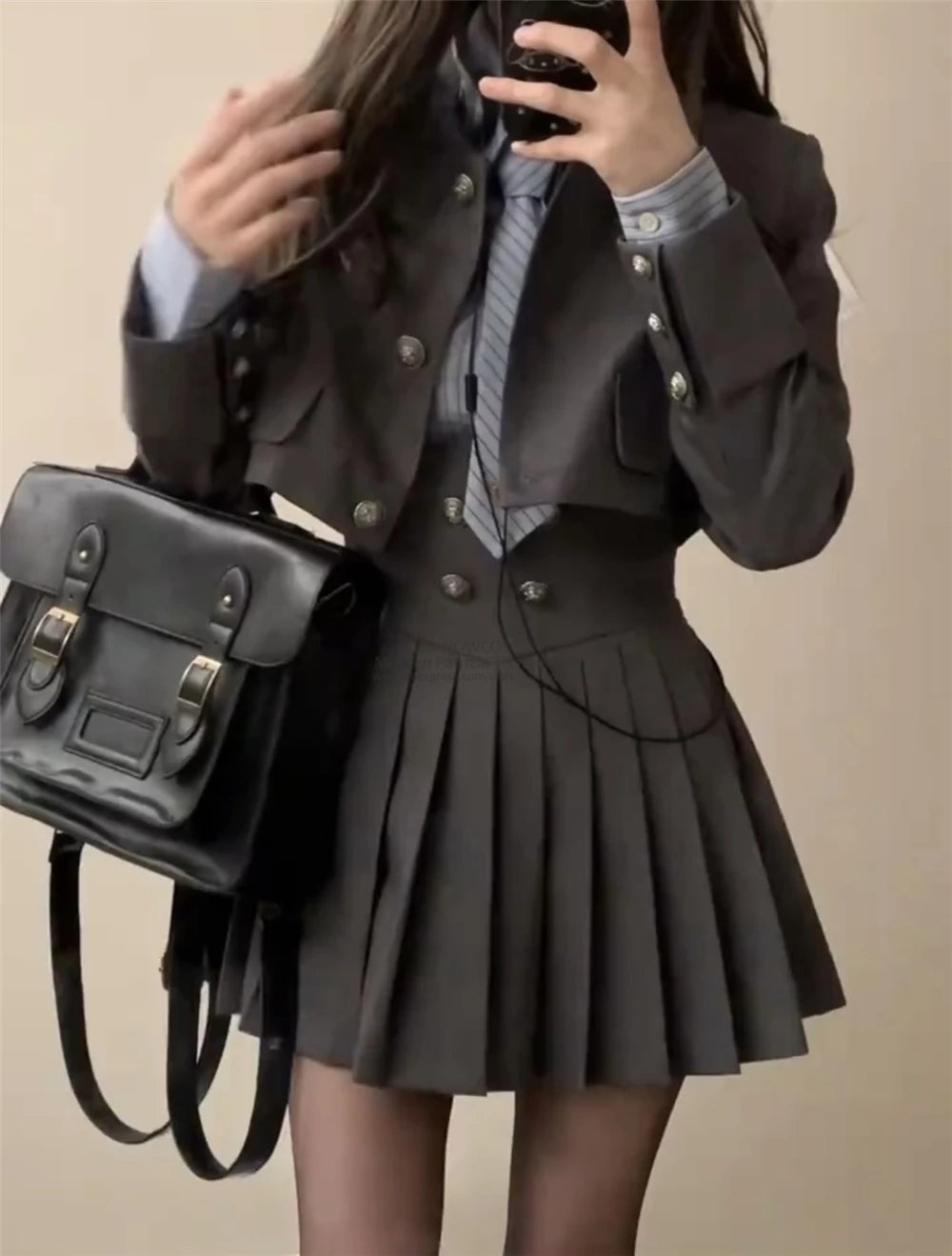 Spring 2025 Preppy Style American Uniform Set Girls Short Suit Coat Long Sleeve Striped Shirt Slim High Waist Pleated Skirt Grey