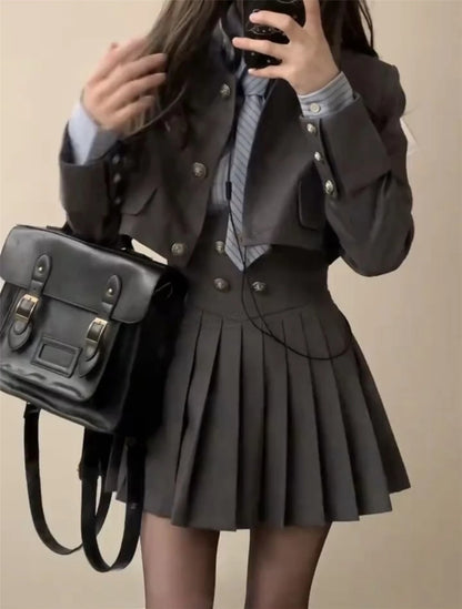 Spring 2025 Preppy Style American Uniform Set Girls Short Suit Coat Long Sleeve Striped Shirt Slim High Waist Pleated Skirt Grey