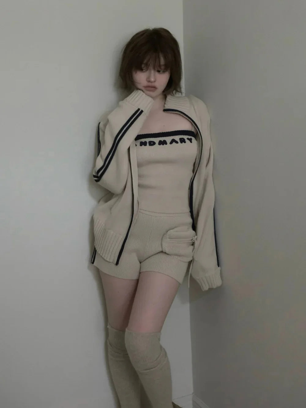 Japanese Spring Autumn 3-piece Set Sweet Striped Zipper Cardigan Tube Top High Waist Shorts Set Y2K Street Style Casual Wear