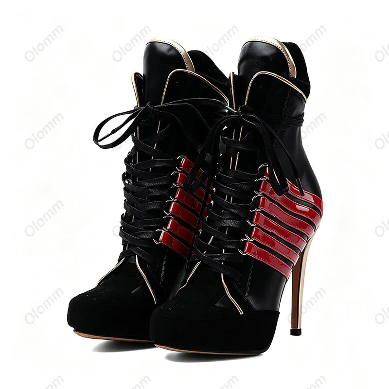 Ronticool Handmade Women's Winter Ankle Boots Lace Up Stiletto High Heels Round Toe Black Party Shoes Ladies US Size 5-20