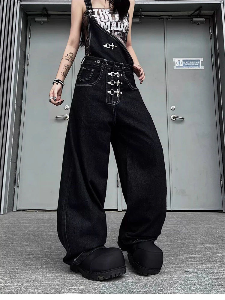 Women's Detachable Black Overalls Street Jumpsuits Straight Unisex Trousers Wide Leg Sweatpants High Waist Casual Baggy Pants