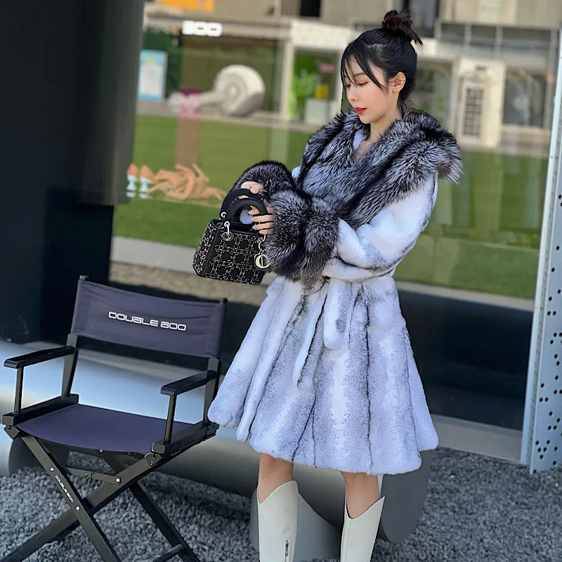 Winter Women Real Rabbit Fur Coat Long Natural Rabbit Fur Jacket Fox Fur Collar and Cuff Thick Warm Ladies Overcoat