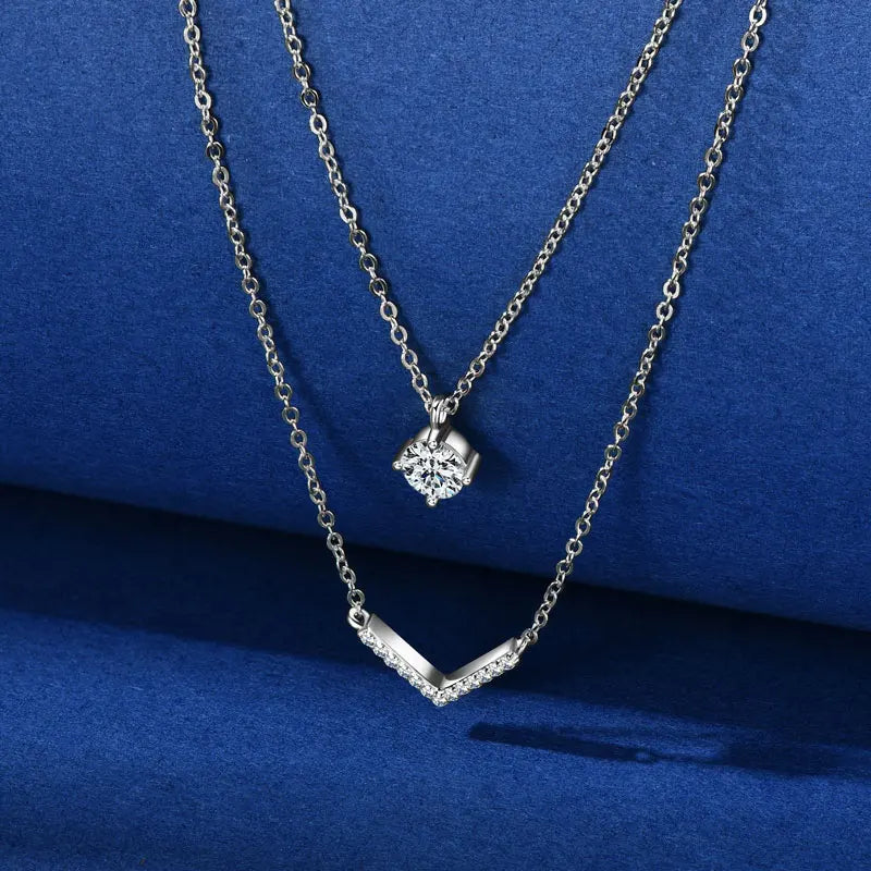 RAPRGOLD Certified Moissanite V-shape Pendant Double Necklaces Chains for Women S925 Sterling Silver Fine Jewelry Gifts Collares