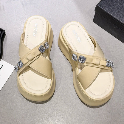 Summer Women's Luxury Rhinestone Bow Platform Wedge Slides Sandals Height Increasing Cross Open Toe Casual Beach Slippers Shoes