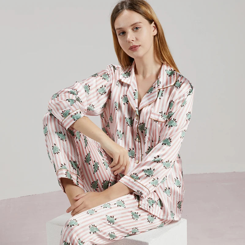 19MM 100% Mulberry Silk Pajamas Women Silk Sleepwear Lady Long-sleeved TrousersTwo-piece Spring Summer  Loose Sexy Home Clothes