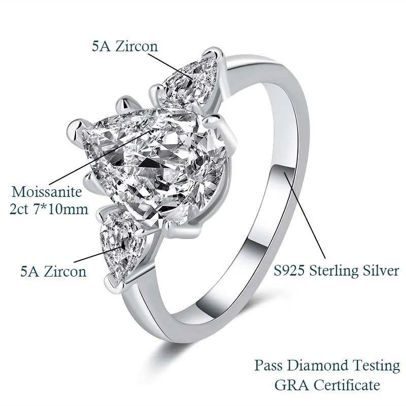 1-5CT Pear Cut Miossanite Ring Certified 925 Sterling Silver Plated 18K D VVS1 Lab Diamond Wedding Engagement Band for Women