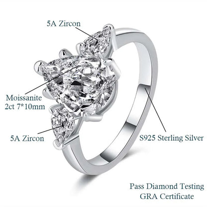 1-5CT Pear Cut Miossanite Ring Certified 925 Sterling Silver Plated 18K D VVS1 Lab Diamond Wedding Engagement Band for Women