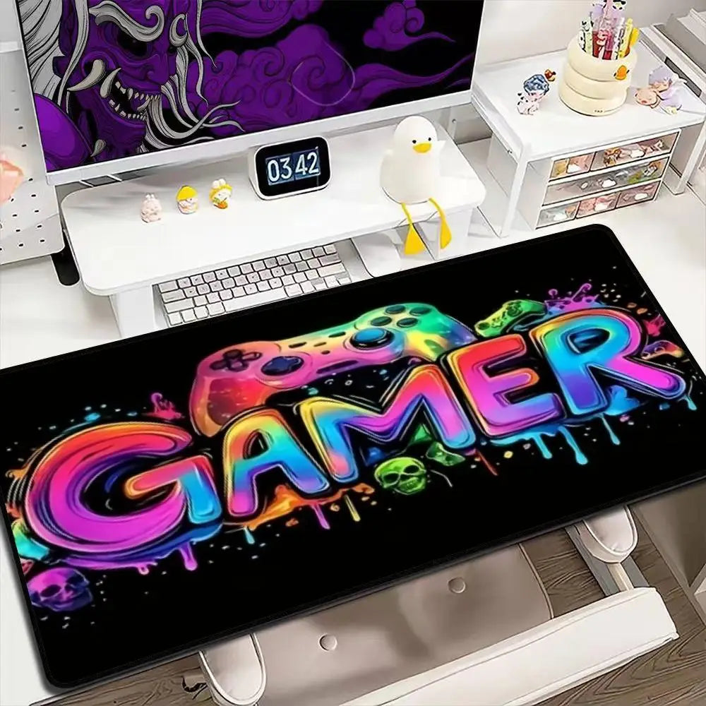 Extra Large XXL Full Desk Mouse Pad, Neon Rainbow Game Controller Gamer for PC Laptop E-sports Gamers Office Home Decor