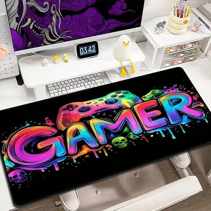 Extra Large XXL Full Desk Mouse Pad, Neon Rainbow Game Controller Gamer for PC Laptop E-sports Gamers Office Home Decor