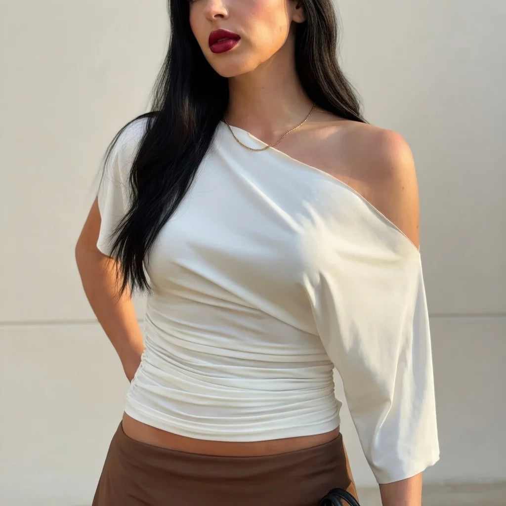 Solid One Shoulder T-shirt Women Tops 2026 Summer Short Sleeve Crop Top Off Shoulder T Shirts Party Basic Casual Y2k Tops Tees