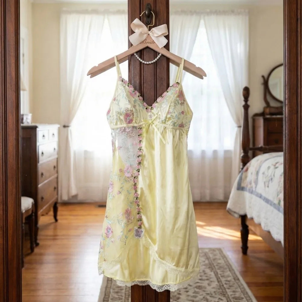 Thin Lace Bow Women's Pajama Dress Embroidered Mesh Transparent Ice Silk Suspender Nightdress Flowers Butterfly Sleepwear