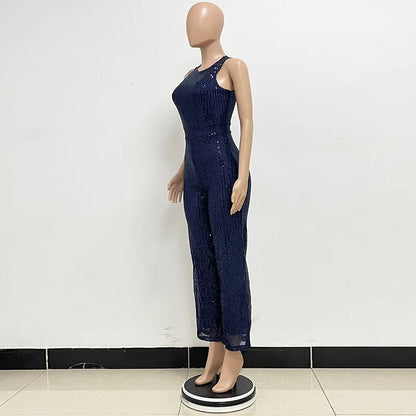 Bling Bling Sequined Club Jumpsuit Sexy Women O-neck Elegant Shiny Sliver Gold Sequins Straight Romper Overalls
