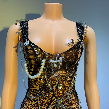 Women Summer Glitter Pearl Beading Sexy Playsuit Luxury Evening Party Nightclub Celebrate Singer Dancer Performance Stage Outfit