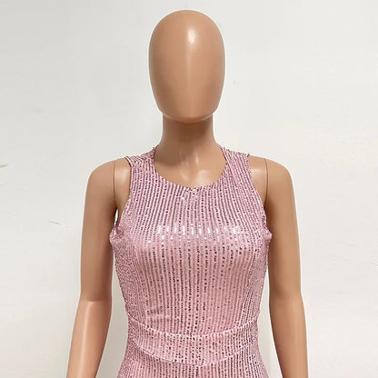 Bling Bling Sequined Club Jumpsuit Sexy Women O-neck Elegant Shiny Sliver Gold Sequins Straight Romper Overalls