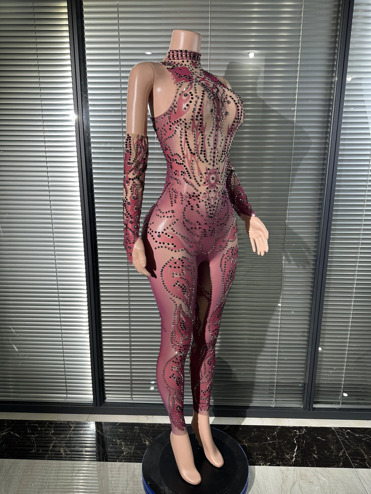 Chic Sheer Mesh Full Body Jumpsuit Women Sexy Rhinestone Embellished High Neck Slim-fit Outfit Nightclub Evening Party Costume