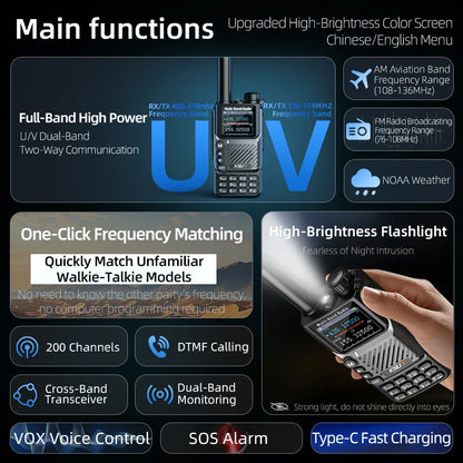 UV60D PLUS 5W Walkie Talkie SOS Alarm NOAA Weather Radio 200CH VHF UHF AM FM Type-C Two Way Radio for EU Outdoor