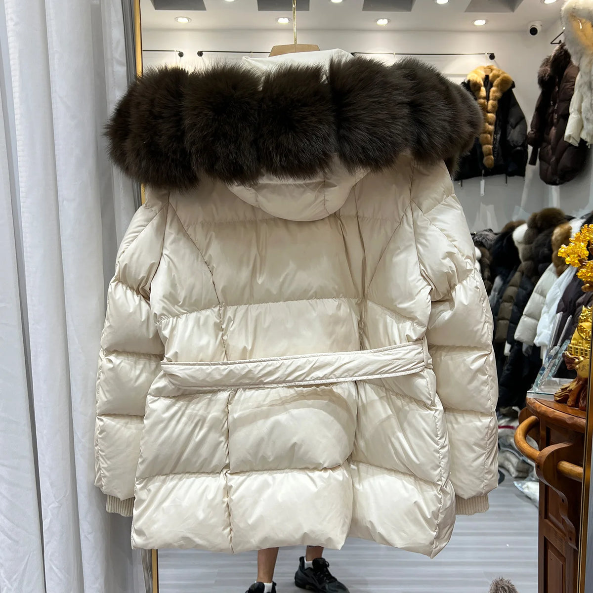 Women Winter Long Down Jacket Genuine Fox Fur Large Collar Hooded Slim Fit Waist Belt Warm Fashion Versatile Casual Winter Coat