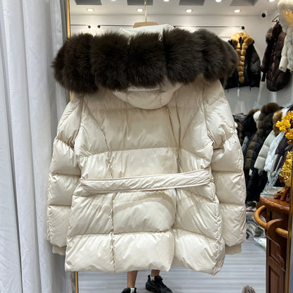 Women Winter Long Down Jacket Genuine Fox Fur Large Collar Hooded Slim Fit Waist Belt Warm Fashion Versatile Casual Winter Coat