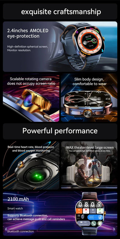 M99 5G Smartwatch: 2.4" AMOLED Screen, Rotating Camera, SIM & WiFi Support for Standalone Calls and Social Media.