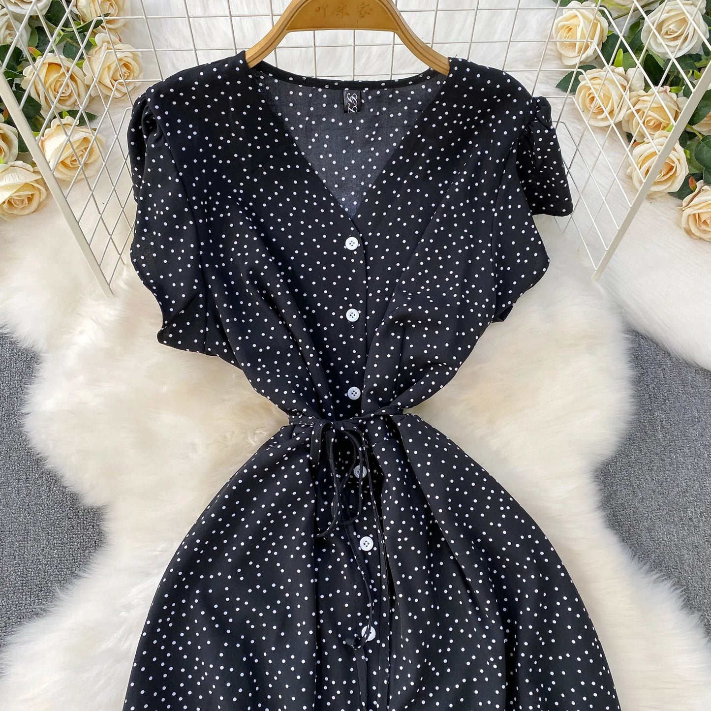 Summer Women Polka Dot Long Dress Vintage V-Neck Flying Sleeve High Waist Single Breasted A-Line Casual Vestidos Female Robe New