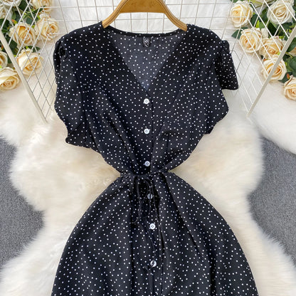 Summer Women Polka Dot Long Dress Vintage V-Neck Flying Sleeve High Waist Single Breasted A-Line Casual Vestidos Female Robe New