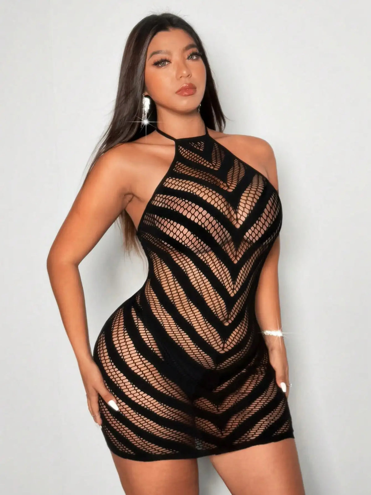 Women's Sexy Mini Skirt Sleeveless Mesh Hollow Out Fashion Nightclub Fishnet Dress