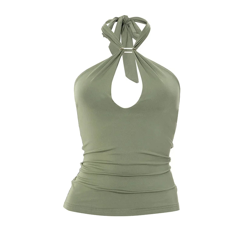 Women'S Solid Color Hanging Neck Tie Hollow Out Metal Ring Strapless Backless Tank Top Summer New Fashion Street Tank