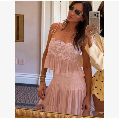 Beach Lace Hollow Out Women's Summer Pants Sets Lace Up Backless Spaghetti Strap Crop Top Loose Pleated Lantern Pant 2026 Suit