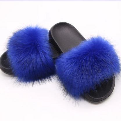 Women's  Faux Fox Fur Slides Fluffy Open Toe Slippers Indoor Outdoor Casual Flat Sandals Luxury Furry Slide Shoes for Ladies