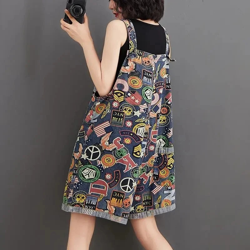 Jumpsuit Playsuits Women Jeans Printed Rompers New Summer Retro Large Size Loose Denim Strap Overalls Fashion Wide-leg Pants