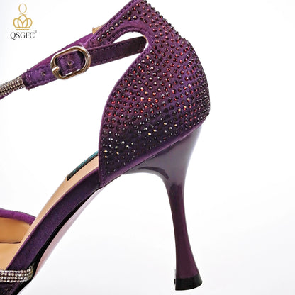 QSGFC Latest Party Women's Shoes and Bags Set Pointed Toe High Heels Full Upper Inlaid D.Purple Color Rhinestones