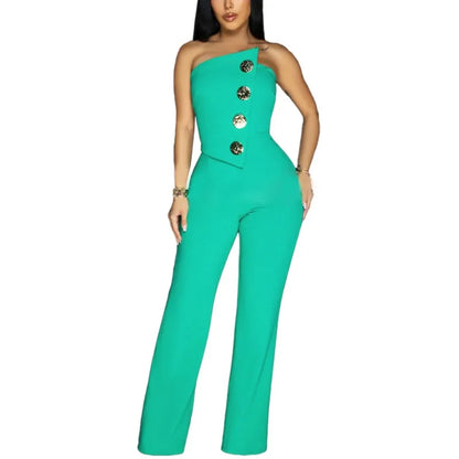 Sexy Backless Strapless Jumpsuit Summer Women Fashion Solid Button Sleeveless Slim Fit Wrap Hip Jumpsuits Elegant Office Romper