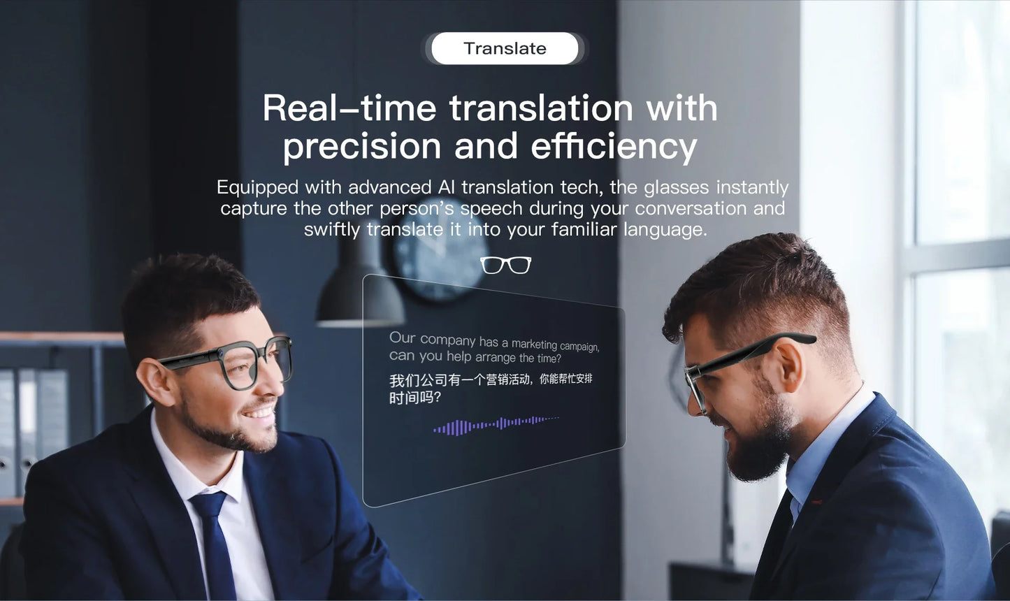 Smart Glasses IP65 Waterproof Connect To Mobile APP Video and Photo Translation AI Language Assistant Bluetooth Smart Glasses