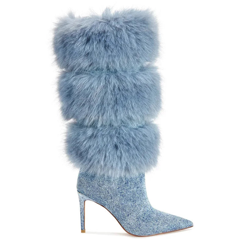 2026 Women Upsetter Sky Blue Furry Knee High Boots Soft Warm Plush Stiletto Heel Tall Boots Elegant Fall Winter Long Dress Heel